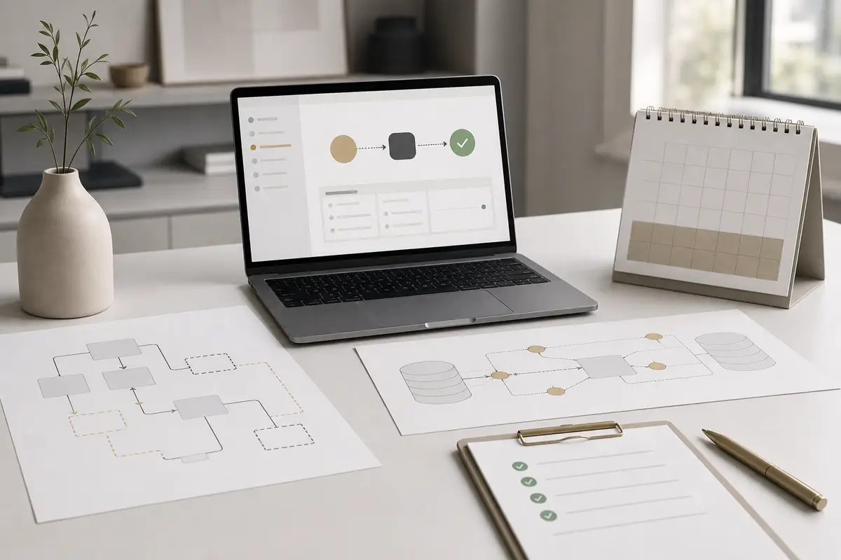 A quiet operations desk showing an AI prototype, workflow map, connector diagram, maintenance checklist, and calendar.